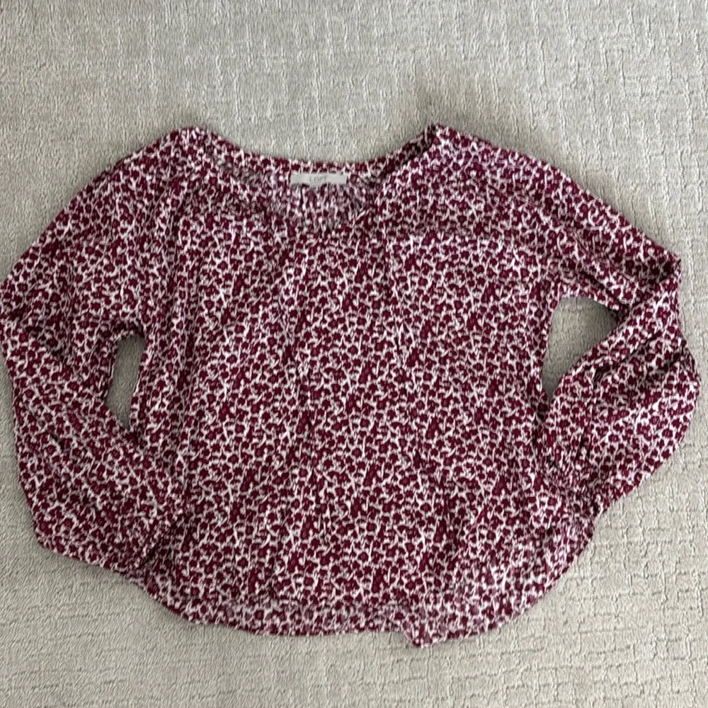 LOFT maroon floral skirt set short sleeve peasent top ruffle elastic burgundy